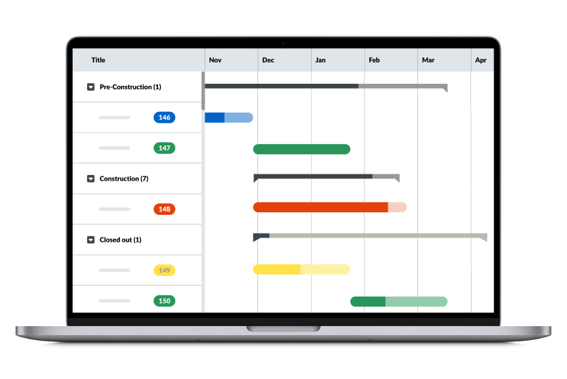 PlanRadar Feature - Scheduling: View all tasks to oversee project progress and organize projects by phase and build hierarchies of key milestones.