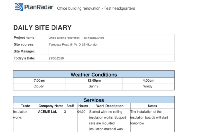 Site Diary Template For Construction Projects PlanRadar HR