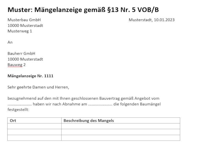 Mangelanzeige Vob Muster Word