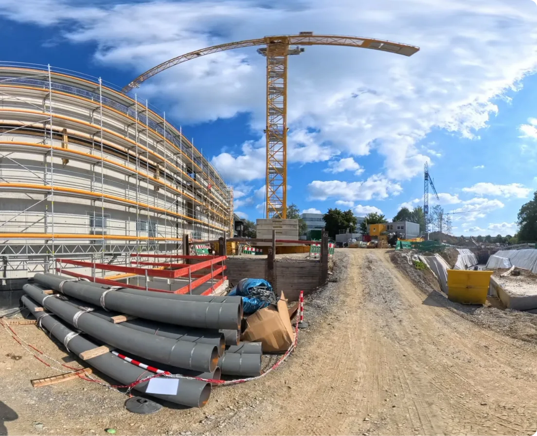 Outdoor 360° capture — pipes and crane