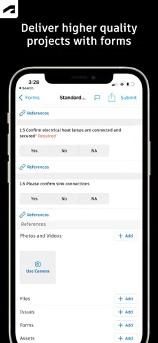 Autodesk Forma app showing an inspection form with pass, fail and NA checks on a phone