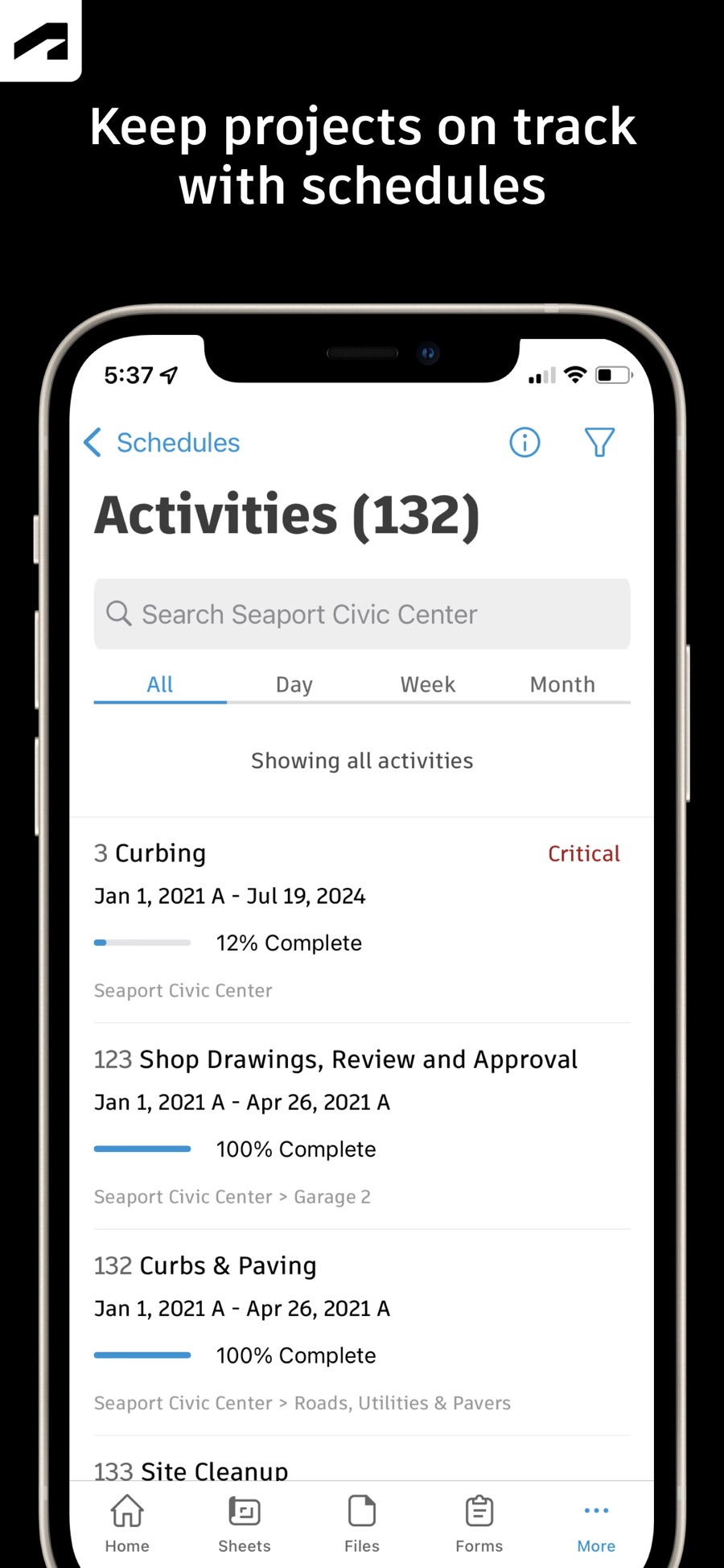 Autodesk Construction Cloud app showing the project schedule