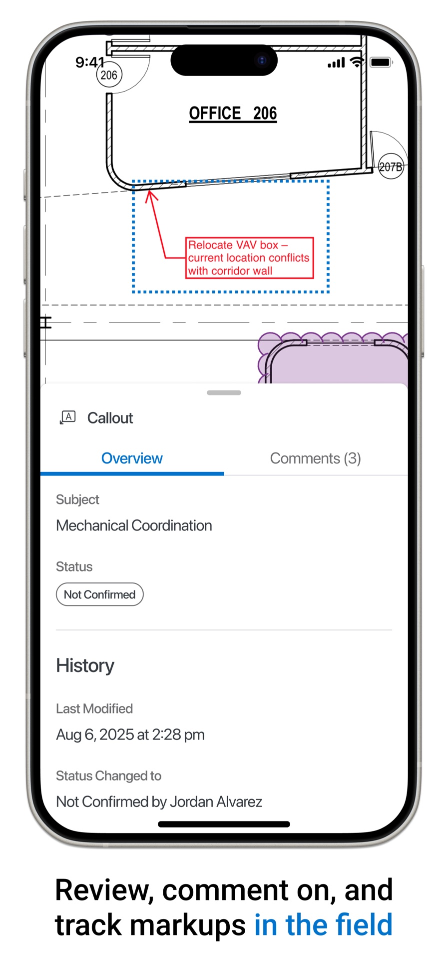 Bluebeam mobile app showing drawing markup