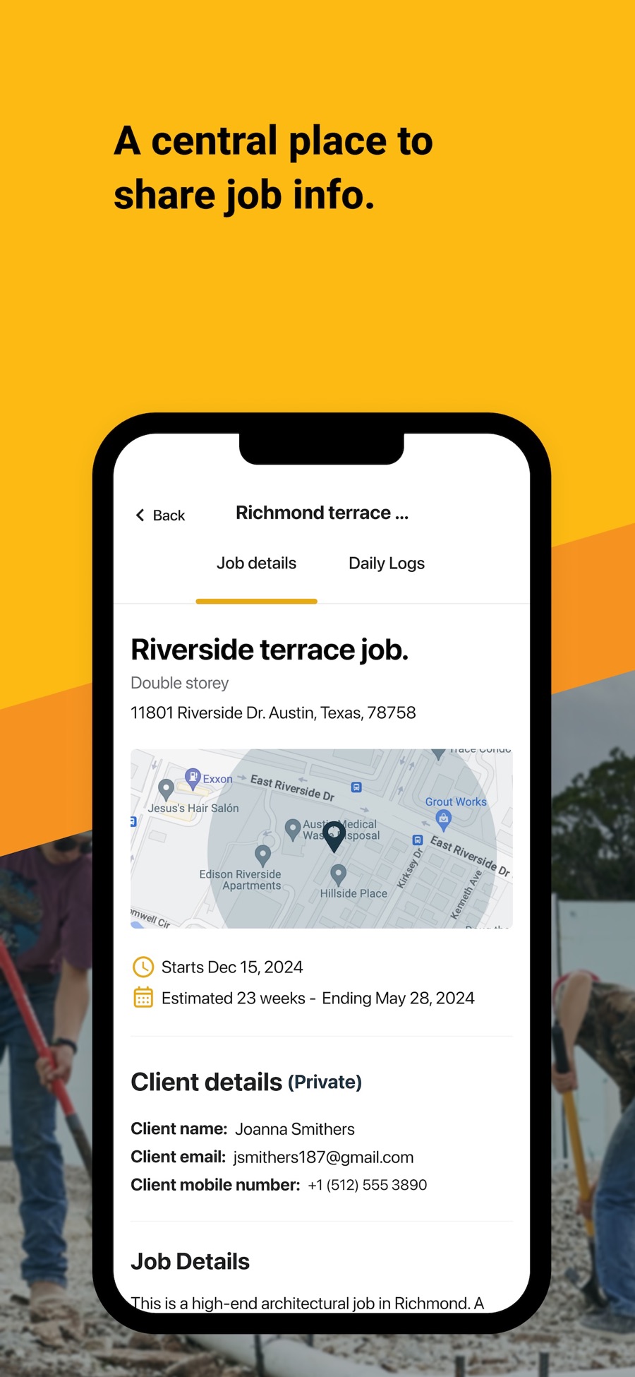 Buildxact Onsite app showing a job on a phone