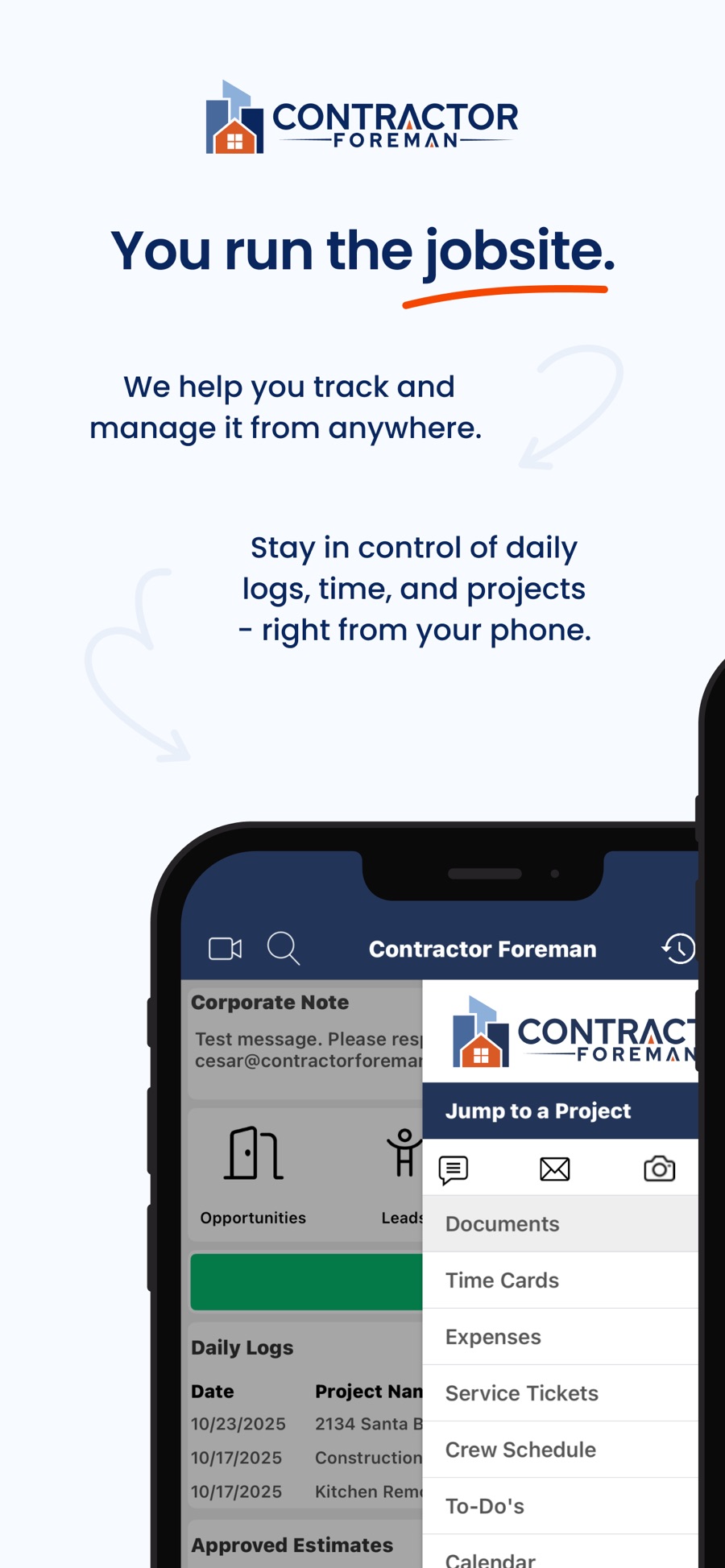 Contractor Foreman app showing project management on a phone