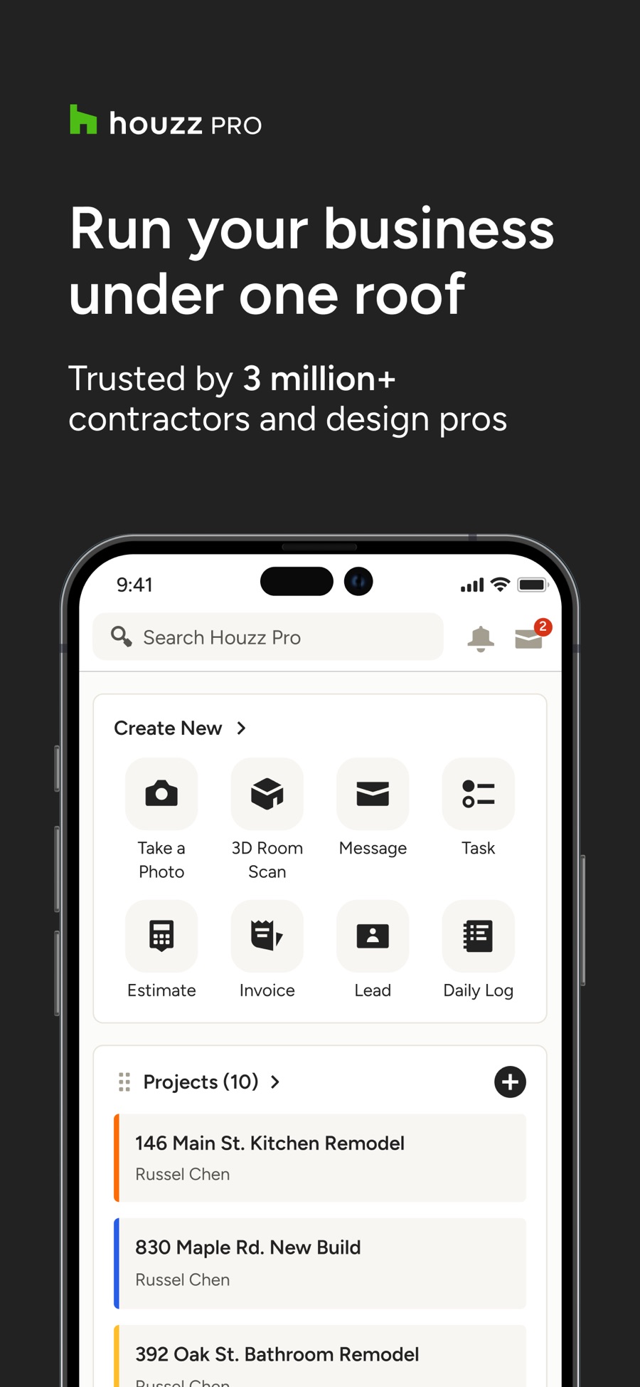Houzz Pro app showing design and estimating tools